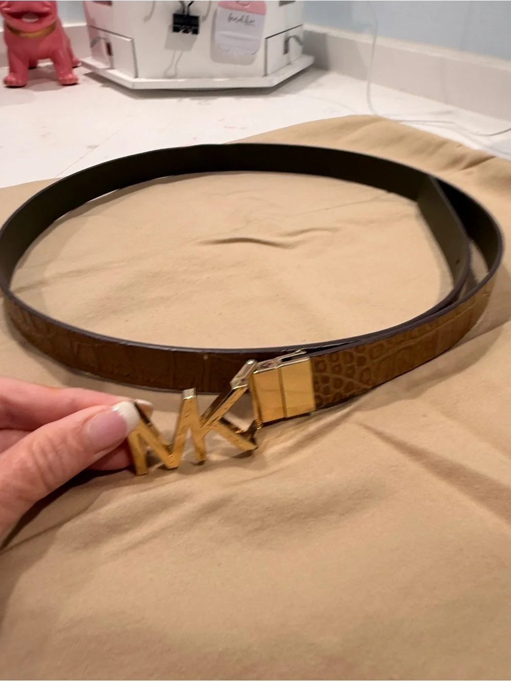 Michael Kors Brown Croc-Embossed Leather Belt with Gold MK Buckle, Size XL
